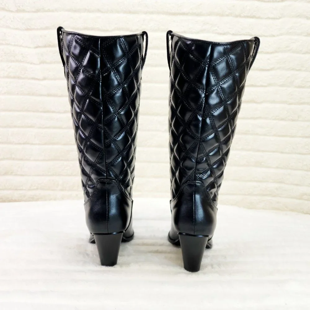 Bells Quilted Faux Leather Western Mid Calf Cowgirl Boots Black_3